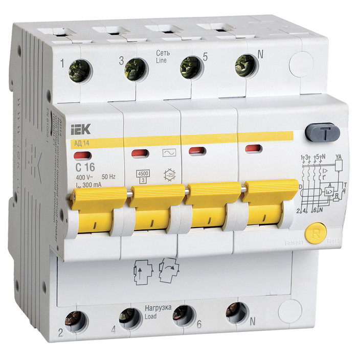 Дифавтомат IEK АД14 4P 16А (C) 4.5 кА, 300 мА (AC), MAD10-4-016-C-300