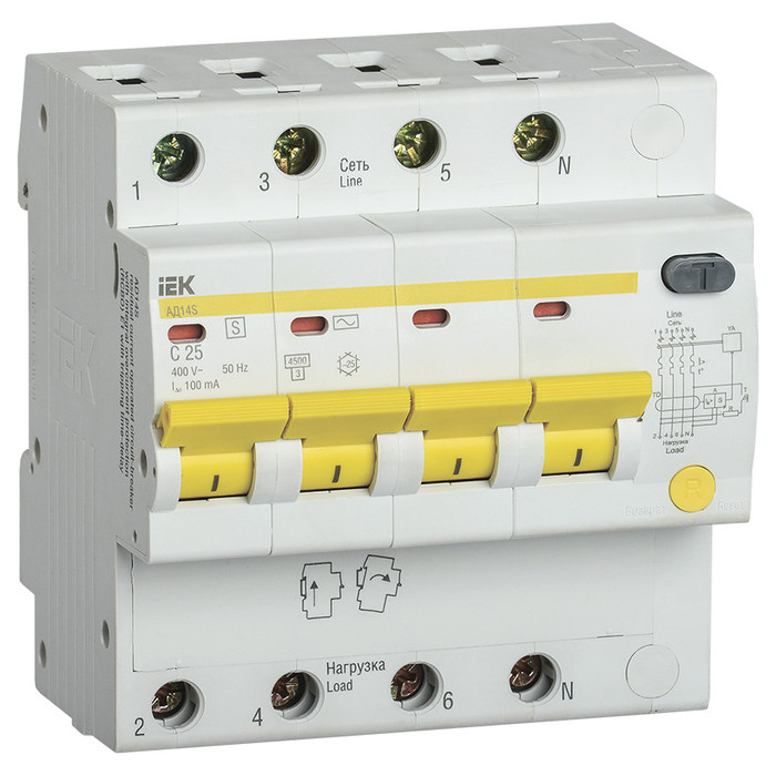 Дифавтомат IEK АД14S 4P 25А (C), 100 мА (S), MAD13-4-025-C-100