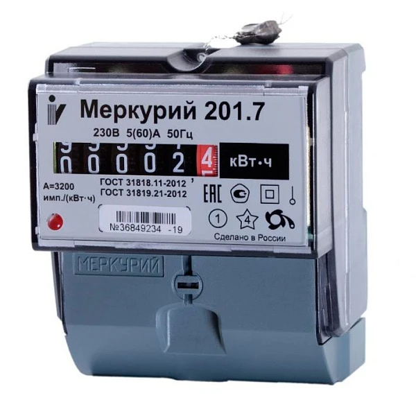 Электросчетчик Меркурий 201.7 5(60)А/220В, однофазный, однотарифный